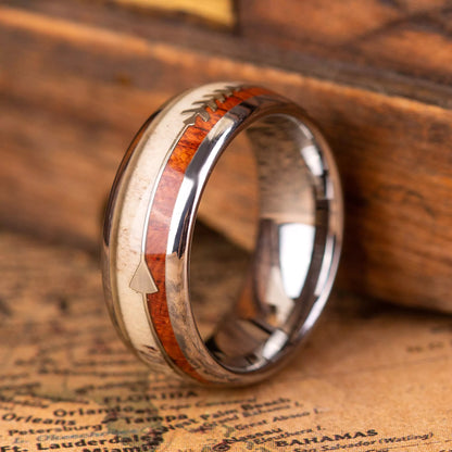 The ring made of Oak Wood, Antler and Silver Tungsten.