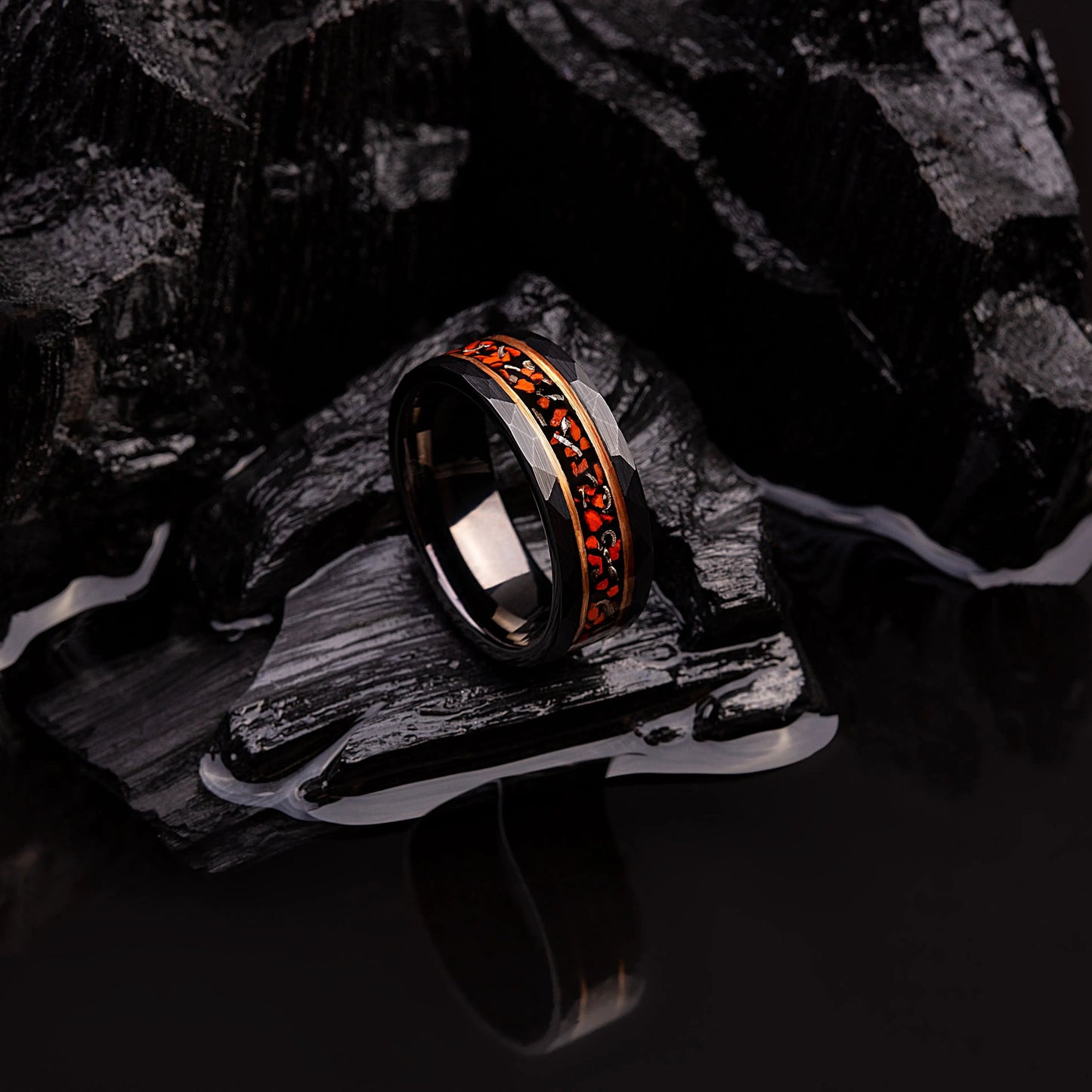 Black hammered tungsten ring with dinosaur bones and meteorite