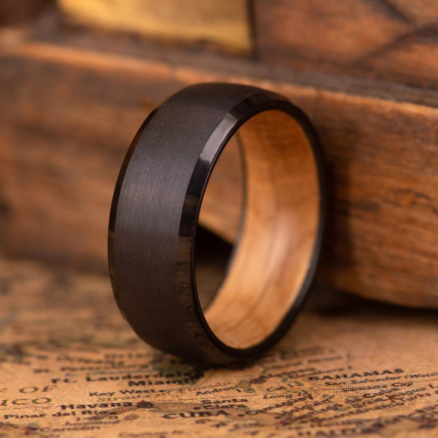 Handcrafted ring made of Oak Wood and tungsten. Version with band width 8 mm.