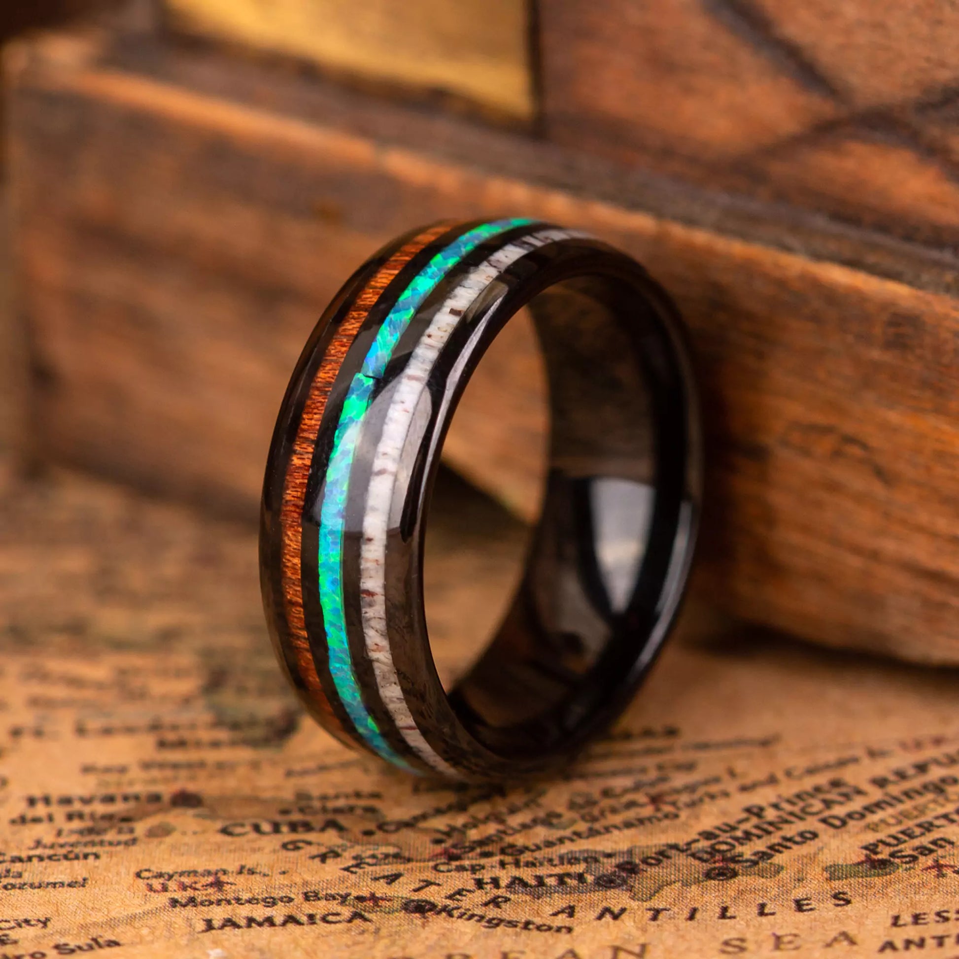 Wooden ring from a Hawaii Koa Wood with Opal line and Antler line, moreover Black Tungsten inside