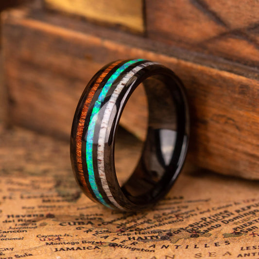 Wooden ring from a Hawaii Koa Wood with Opal line and Antler line, moreover Black Tungsten inside