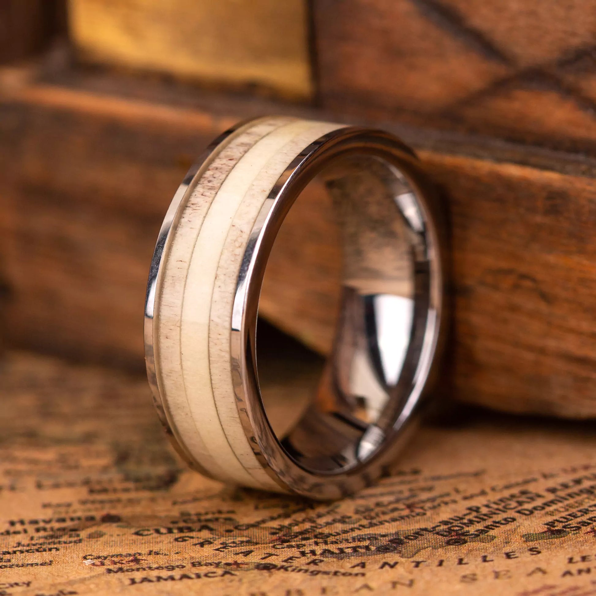 This ring made of Deer Antler and Silver Tungsten.