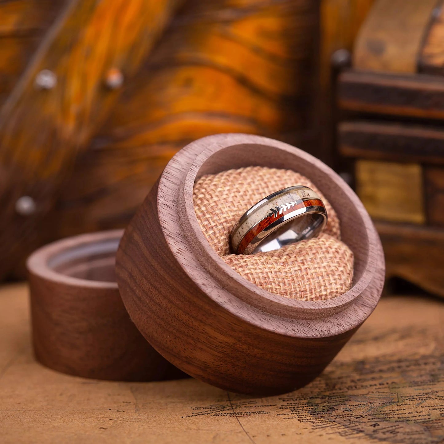 The ring made of Oak Wood, Antler and Silver Tungsten in a wooden gift box