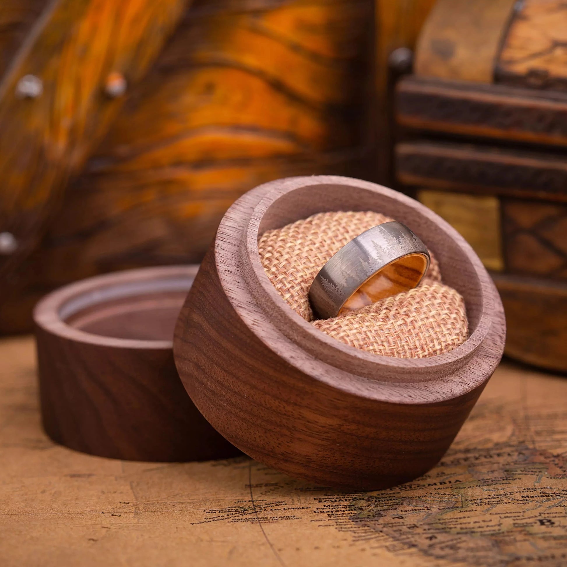 Ring is an original handcrafted piece made of Koa Wood and tungsten in a gift box