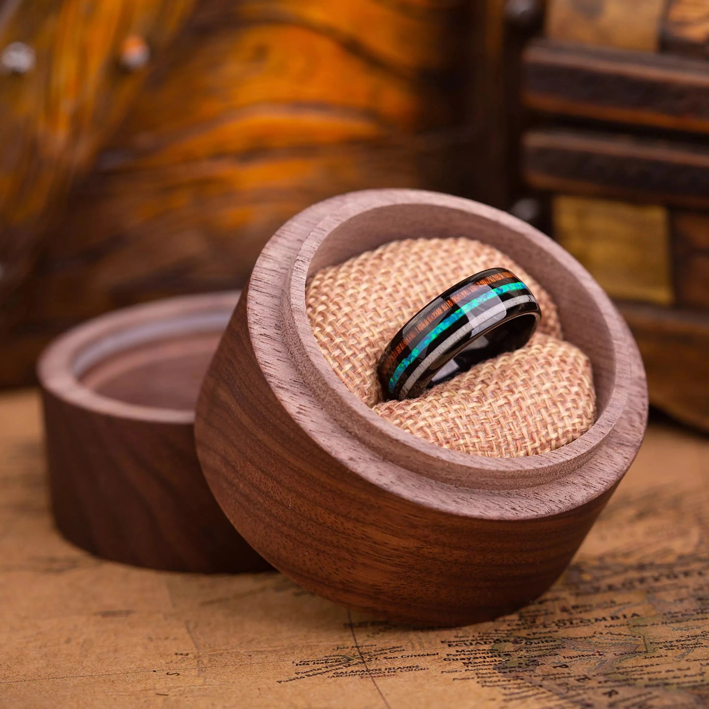 Wooden ring from a Hawaii Koa Wood with Opal line and Antler line, moreover Black Tungsten inside. Ring in a beautiful wooden gift box.