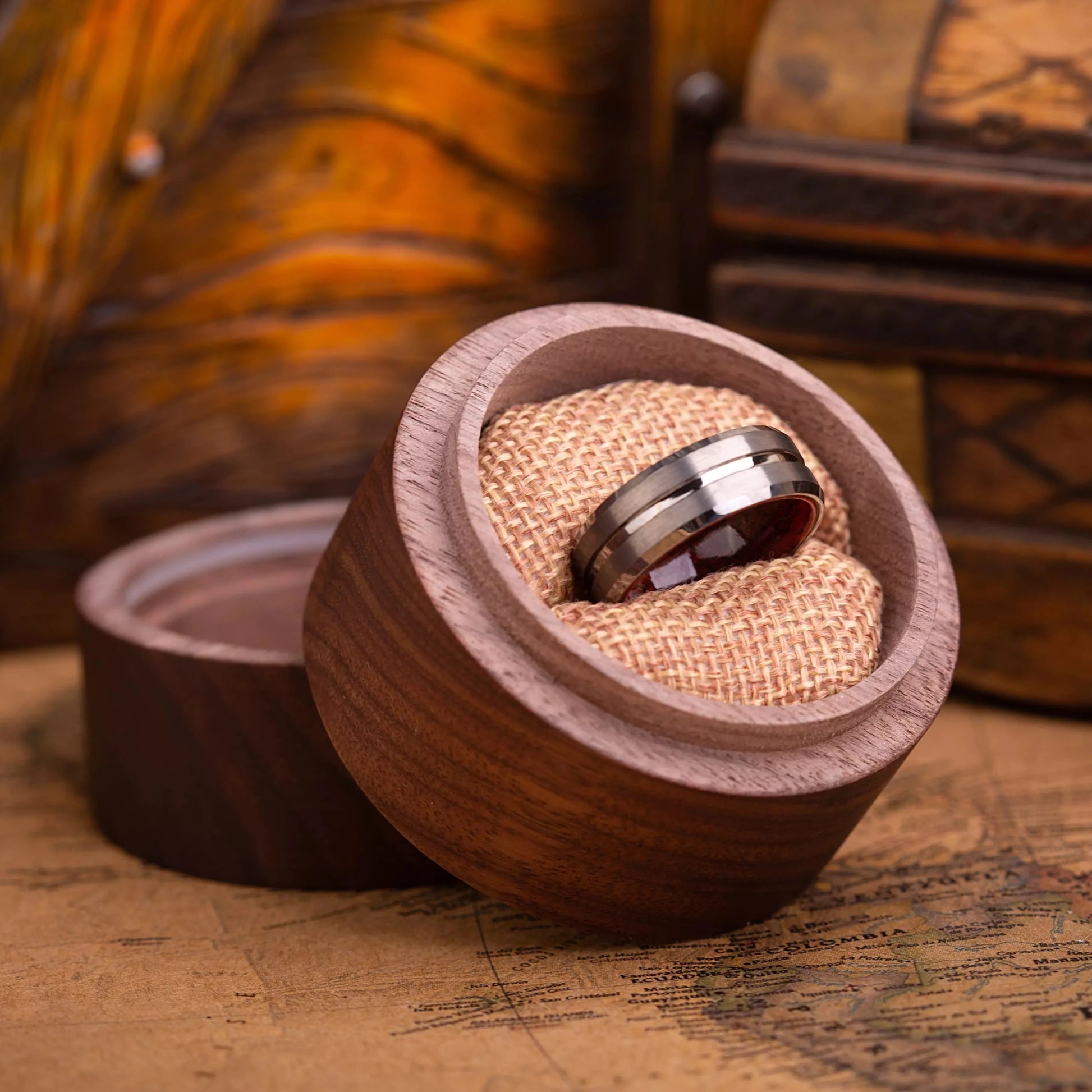 Ring is a handcrafted piece made of Mohogany wood and Tungsten in a wooden gift box