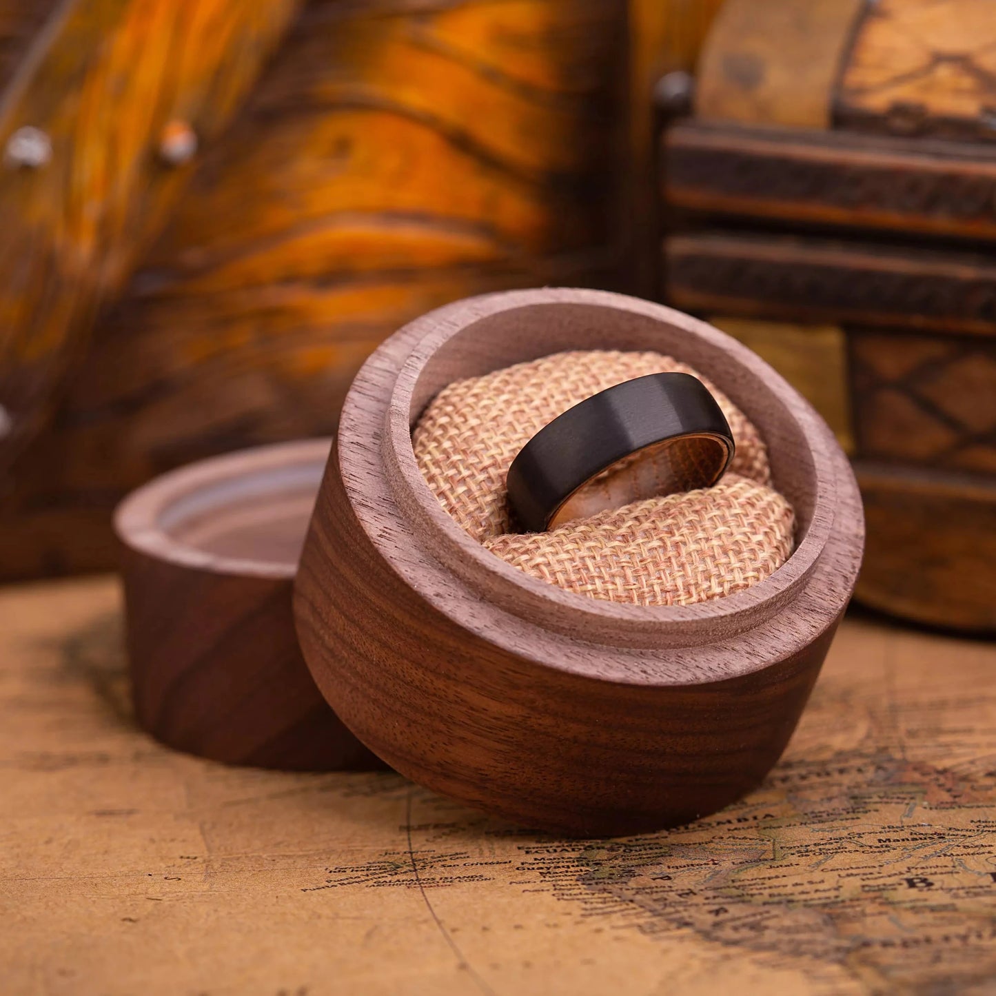 Handcrafted ring made of Oak Wood and Black Tungsten