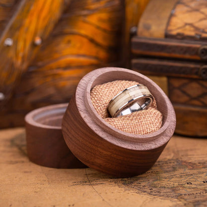 This ring made of Deer Antler and Silver Tungsten in a wooden gift box