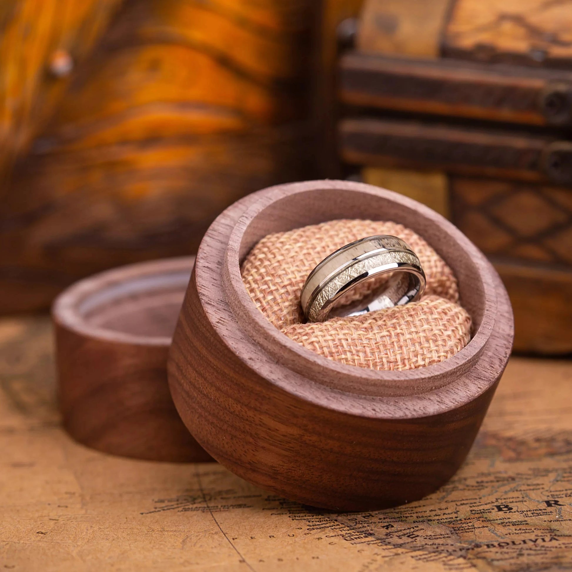 Handcrafted ring made of Meteorite, Antler and Tungsten in a wooden gift box