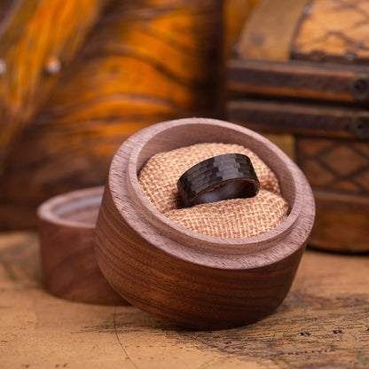 Ring made of a Rose Wood - inside layer, Hammered tungsten - outside layer