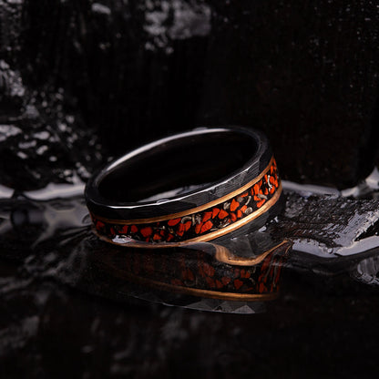 Black hammered tungsten ring with dinosaur bones and meteorite