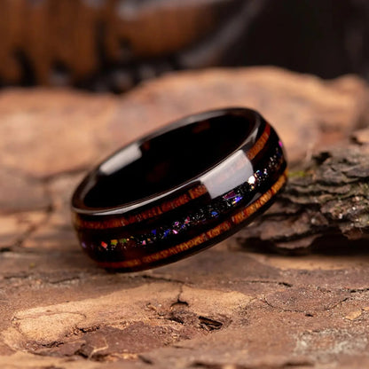 Black tungsten ring with purple opal and whiskey barrel oak wood