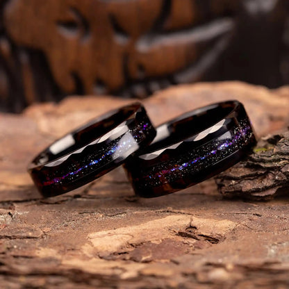 Hammered tungsten ring set for couples with opal and meteorite