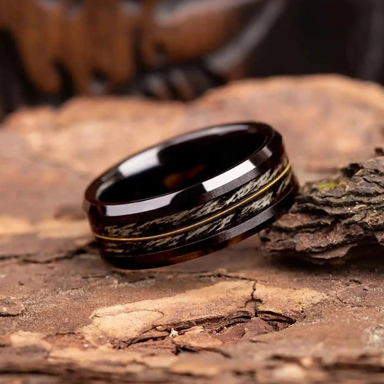 Grey oak wood ring with guitar string