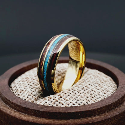 Ring made of hawaii Koa Wood, Opal and Tungsten