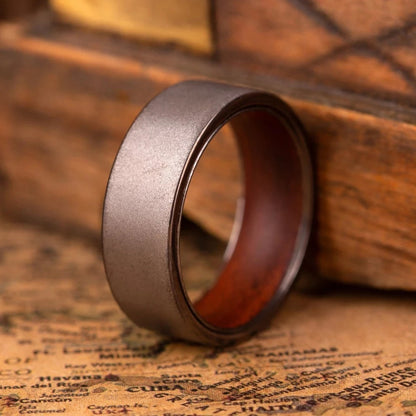 Grey tungsten ring with rosewood inlay