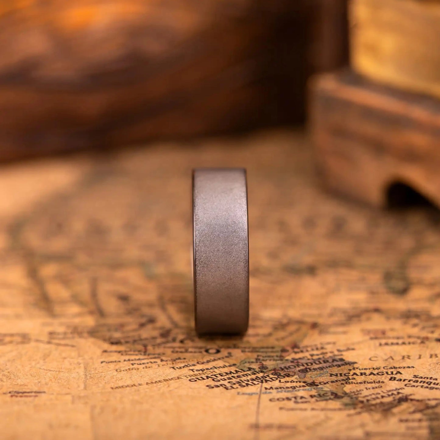 Grey tungsten ring with rosewood inlay