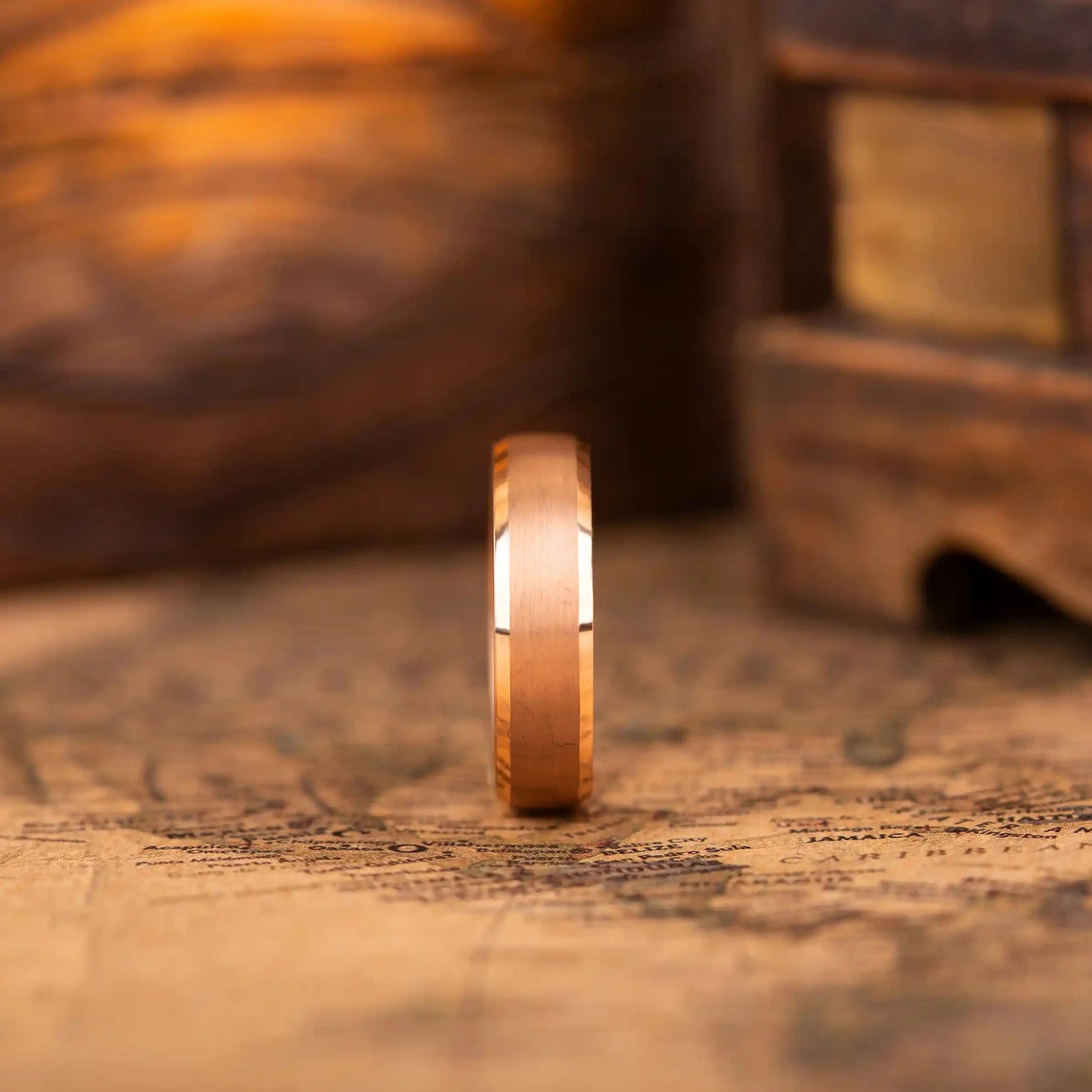 4 mm rose titanium ring with whiskey barrel oak wood inner layer