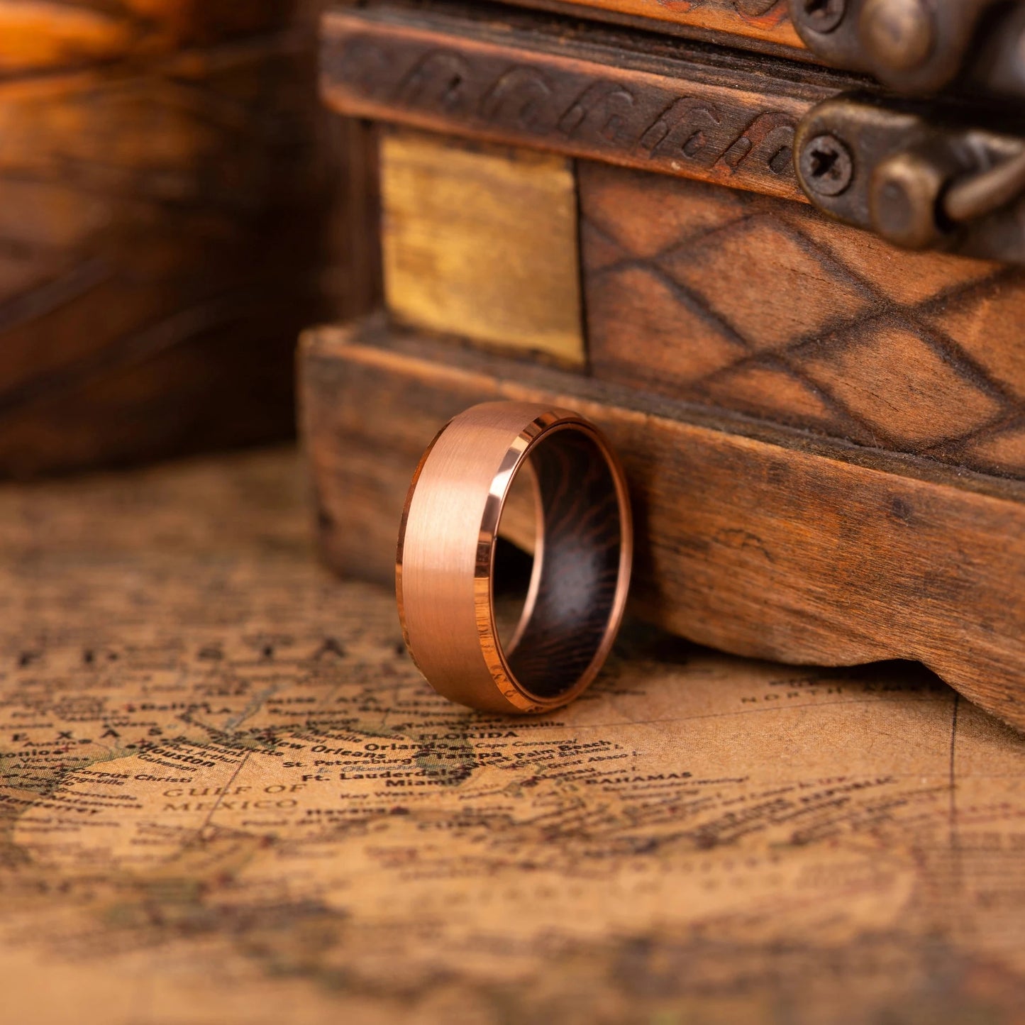 8mm rose titanium ring with whiskey barrel oak wood inlay