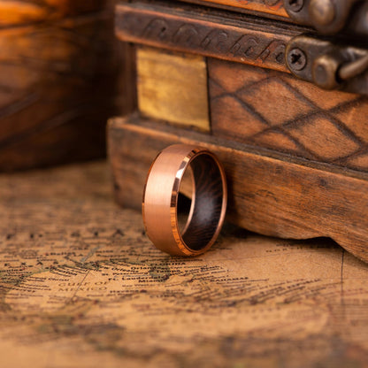 8mm rose titanium ring with whiskey barrel oak wood inlay