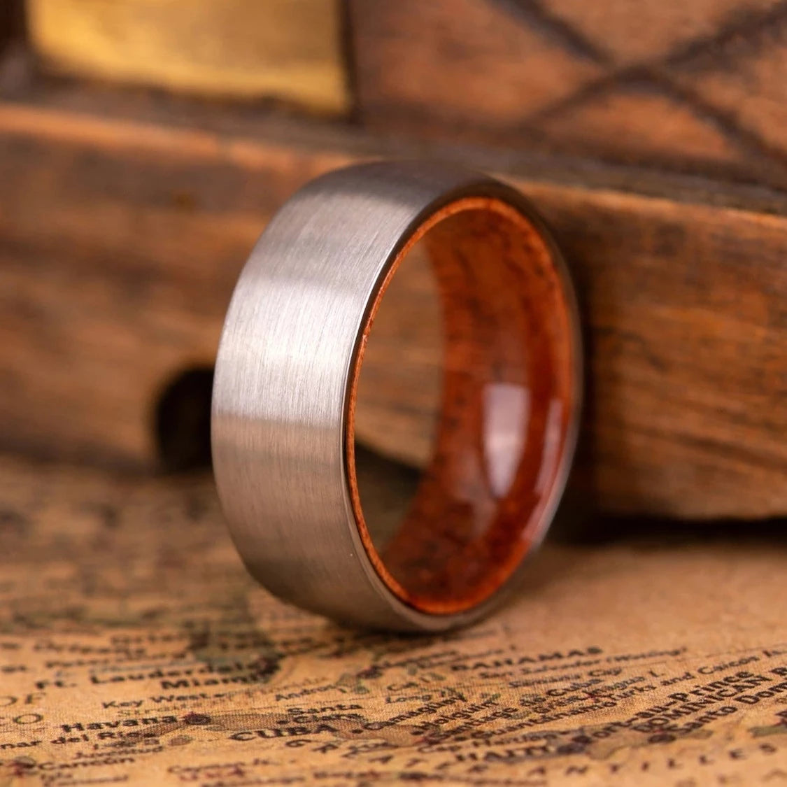 Brushed silver tungsten ring with rosewood inlay