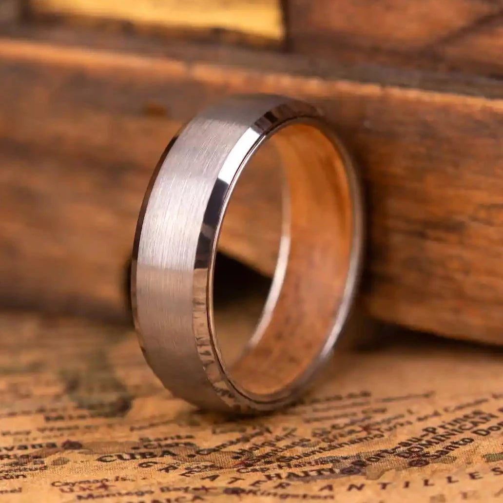 4mm silver brushed tungsten ring with whiskey barrel oak wood inlay