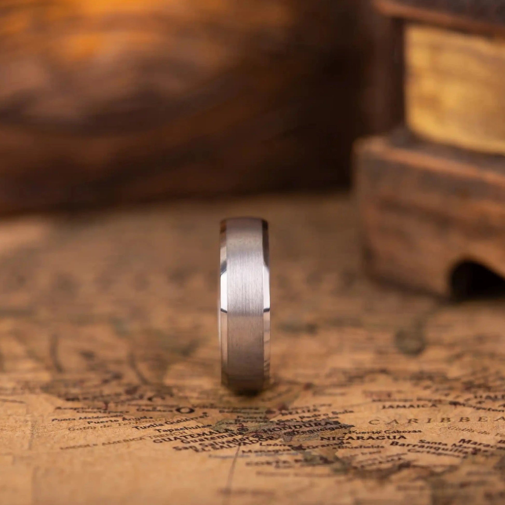 4mm silver brushed tungsten ring with whiskey barrel oak wood inlay