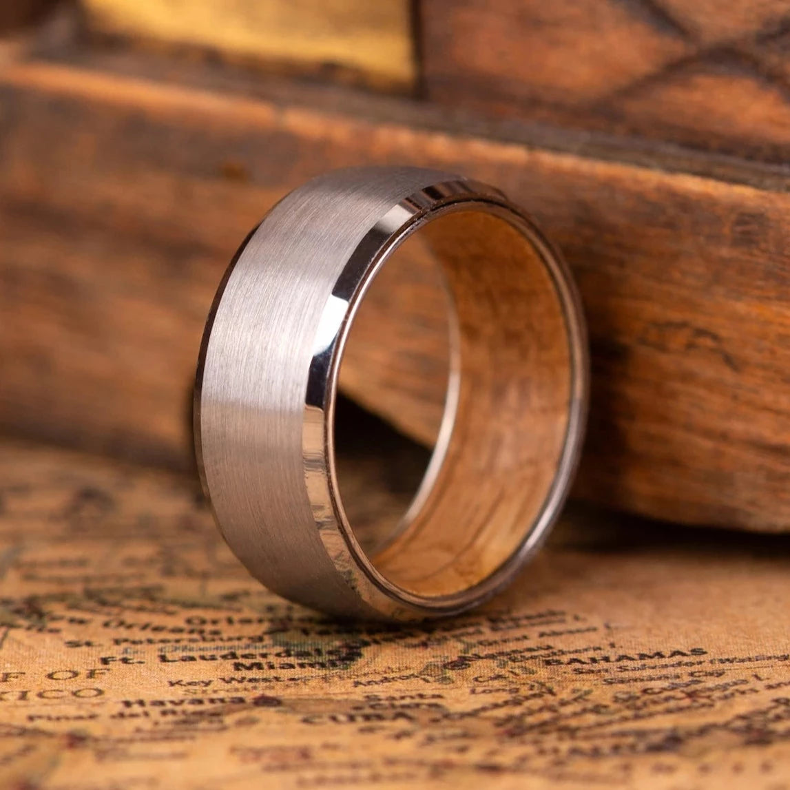 8mm silver brushed tungsten ring with whiskey barrel oak wood inlay