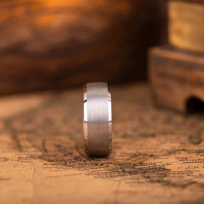 8mm silver brushed tungsten ring with whiskey barrel oak wood inlay