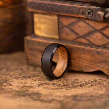 8mm black brushed tungsten ring with whiskey barrel oak wood