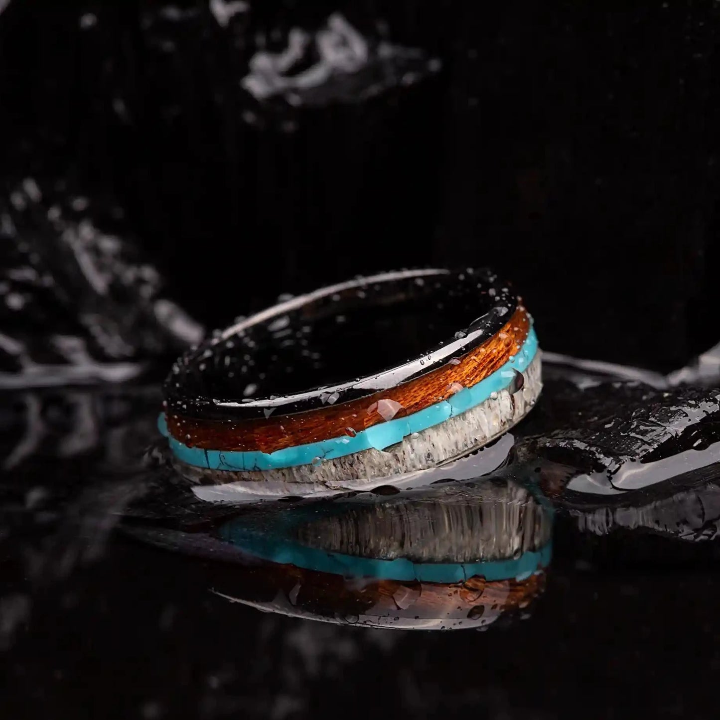 Brushed black tungsten ring with turquoise, koa wood and deer antler.