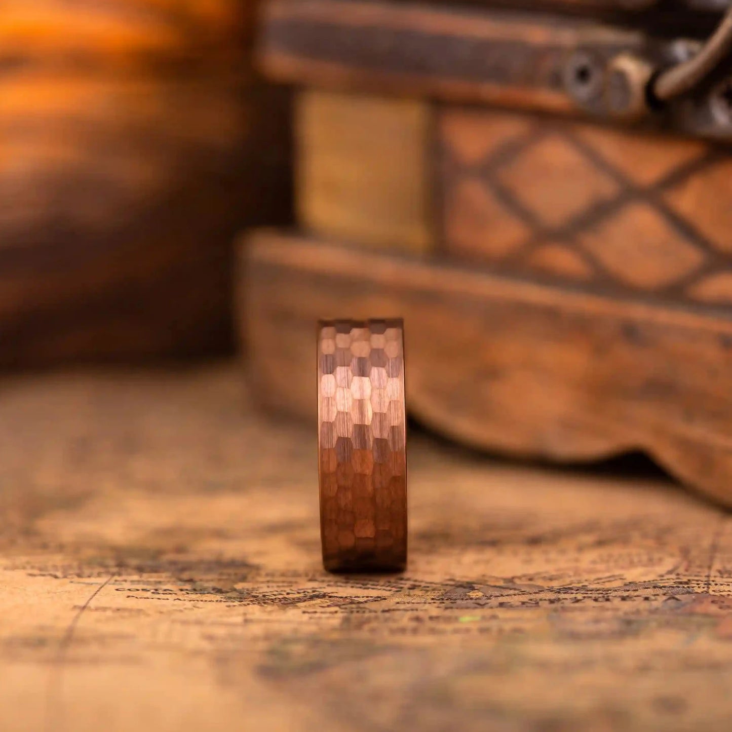 Red hammered tungsten ring with wenge wood inlay