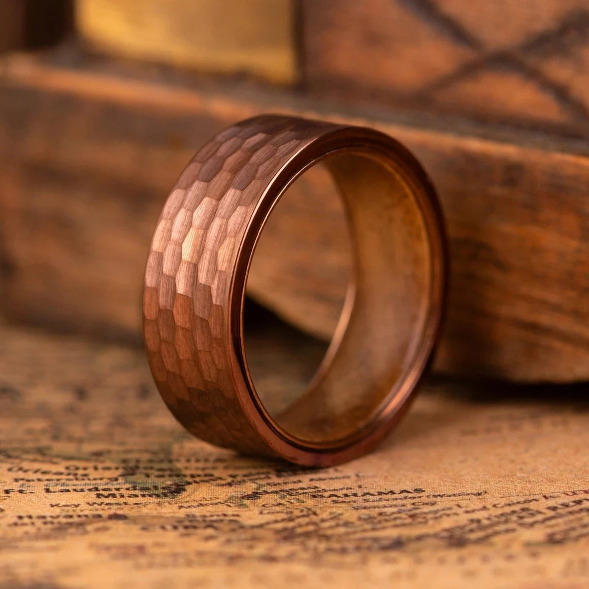 Red hammered tungsten ring with wenge wood inlay