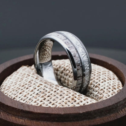 Handcrafted ring made of Meteorite, Antler and Tungsten